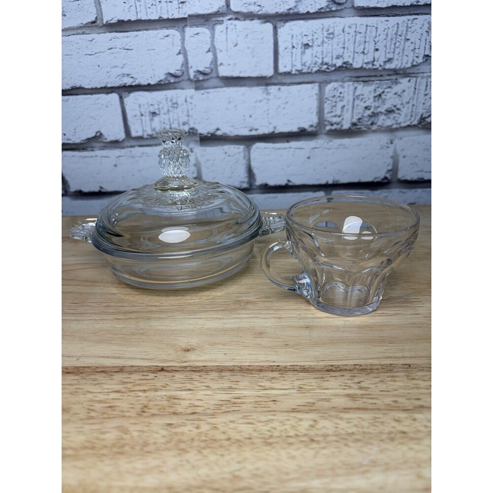 Heisey Glass Plantation Pineapple Round Covered Butter Dish + Punch Cup Vintage